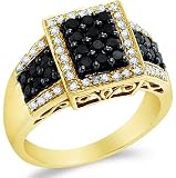 14k Yellow OR White Gold Black and White Diamond Emerald Shape Center Channel Set w/ Side Stones Round Cut Diamond Engagement Ring 11mm (.64 cttw)