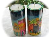Hand Painted Tall Round Wooden Shabbat 'Jerusalem' Candlesticks by Yair Emanuel