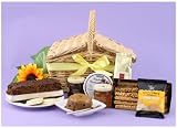 HAMPER TREAT - Twin flap traditional handwoven willow hamper packed with treats including fruit cake, Scottish oat pudding with delicious topping, lemon melt biscuits, sweet onion relish, apricot and peach preserve, cheese straws and after dinner coffee. Food hampers from Web Hampers.