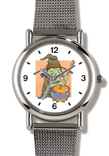 Witch and Cauldron with Magic Potion - WATCHBUDDY® ELITE Chrome-Plated Metal Alloy Watch with Metal Mesh Strap-Size-Large ( Men's Size or Jumbo Women's Size )