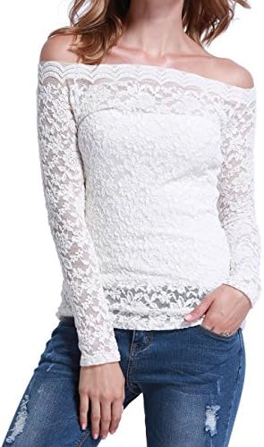 Mosocow Women's Floral Lace Off Shoulder Stretchy Fit Top Blouse White L