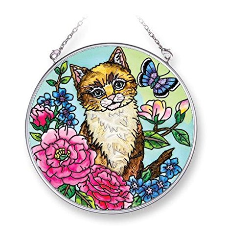 Amia 42069 4-1/2-Inch Hand Painted Glass Circle Suncatcher, Medium, Cat and Floral Design