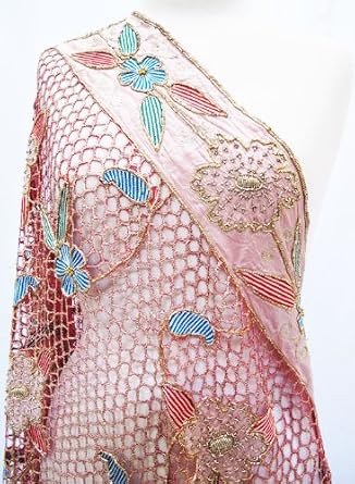 Womens Clothing Catalogs : Vintage Hand Embroidered Floral Leaf Cutwork Silk Bridal Shawl Scarf Wrap Stole Table Runner Red Gold Blue Green Pink On Line