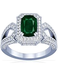 18K White Gold Cushion Cut Emerald Ring With Sidestones