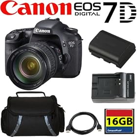 Canon EOS 7D 18 MP CMOS Digital SLR Camera with 3-inch LCD and 28-135mm f/3.5-5.6 IS USM Standard Zoom Lens + Canon LP-E6 Equivalent Battery (Generic)+ Replacement Charger + 16GB Compact Flash Memory + Reader + Case + HDMI Cable