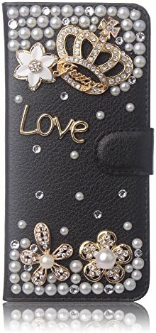 iPhone 6 Case, FiveLimit(TM) 3D Bling Crystal Love Crown Rhinestone Flower Pearl Diamond Design Sparkle Glitter Black Pu Leather Wallet Flip Case Cover With Credit Card Holder (Fit Apple iphone 6 4.7) (Package includes: 1 X Screen Protector) (Love Crown Black Leather)