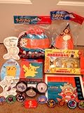 99 Piece Pokemon Party Favors for 8 - Invites, Goody Bags, Party Hats, Blow-outs, Yo-yos, Pogs, Pikachu Figures & Dog Tags!