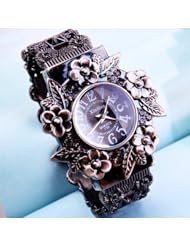 NSSTAR Retro Vintage Classic Unisex Hollow Out Flower Band Style Quartz Fashion Bracelet Wrist Bangle Cuff Watch Gift (Black)