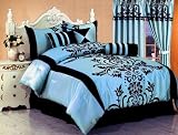 7 Pc Modern Black Blue Flock Satin Comforter (90" x 92") SET / BED in a BAG - Queen Size Bedding