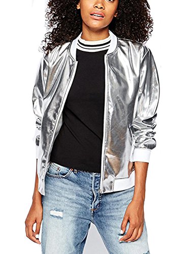 Summerwhisper Women's Glitter Zipper Up Baseball Jacket Silver