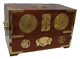 Chinese rosewood jewelry box chest with asian brass accents, longevity and fortune symbols and dragons, 12 x 6.5 x 8