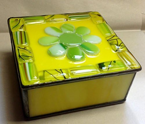 Contemporary Fused Stained Glass Box - Jewelry Box, Yellow Flower Box, Keepsake Box, Glass Box (PLG018)
