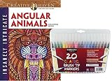 Dover Adult Coloring Book, Insanely Intricate Angular Animals and Sargent Art Firm Brush Tip Markers in a Case, Set of 20: Stress Relieving, Elaborate Wild Creatures to Color and Enjoy!