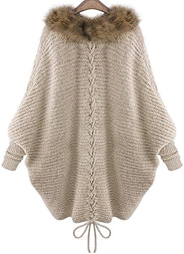 Yigoo Women Fur Collar Coat Bat Sleeve Knit Cardigan Sweater Plus Size 3XL