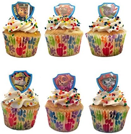 Paw Print Cupcake Liners (32) and Paw Patrol Cupcake Rings (24), Bundle of 2 Items (Total 56 pieces)