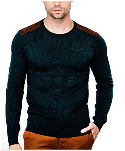 Pste Men's Crew Neck Solid Slim Fit Thin Jumper Sweater with Patch Black Green M