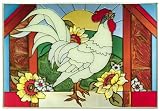 Stained ART Glass BARNYARD Chicken ROOSTER WITH SUNFLOWERS Country WINDOW