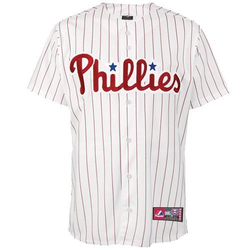 MLB Youth Philadelphia Phillies White/Scarlet Pinstrp Short Sleeve 6 Button Synthetic Replica Baseball Jersey Fall 2011  (White/Scarlet Pinstrp, Large)