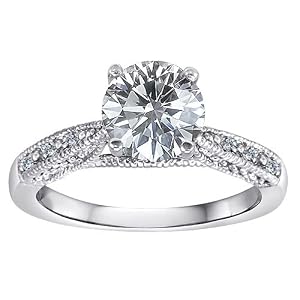 1.55 cttw 14k white gold plated silver Solitaire engagement Ring with Round Genuine White Topaz and 6 genuine diamonds – Gold Plated Silver