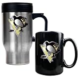 NHL Pittsburgh Penguins Stainless Steel Travel Mug and Black Ceramic Mug Set (Primary Logo)