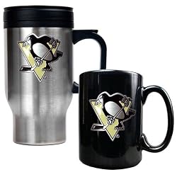 Pittsburgh Penguins NHL Stainless Steel Travel Mug & Black Ceramic Mug Set - Primary Logo by Great American Products