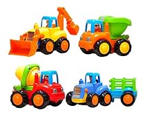 Set of 4 Cartoon Friction Powered Push & Play Vehicles for Toddlers - Dump Truck, Cement Mixer, Bulldozer, Tractor

