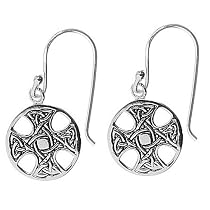 Sterling Silver Small Cut-Out and Etched Celtic Cross Circle Drop Earrings