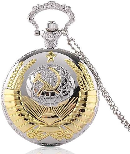 Soviet USSR Emblem Earth Sickle Hammer Communism Silver-Gold Quartz Pocket Watch