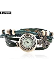 AplusElek Stylish PU Leather Quartz Analog Wrist Bracelet Bangle Watch Wristwatch for Women Ladies - Green