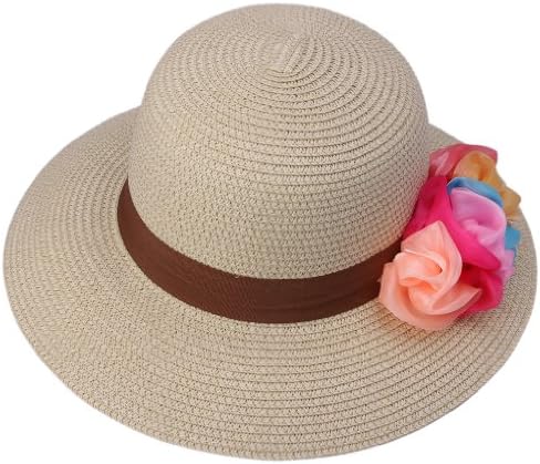 Bigood Sun Beach Floppy Bowler Derby Hat Wide Brim Straw Cap Flower Beige