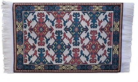 Embroidered Woven Dollhouse Rug with a Dark Green, Brown &amp; Cream Aztec Pattern