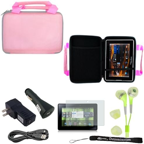 Pink Durable Hard Nylon Protective Portfolio Slim Cover Case with Mesh Pocket and easy to carry Handles For Blackberry Playbook Table Notebook Organizer Device + a Black Home Usb Charger + a Black Car Usb Charger + a Black USB data cable + Green Clear High Quality HD Noise Filter Ear buds Earphones Headphones ( 3.5mm Jack ) + a Anti-Glare Screen Protector + Includes 4-inch ebigvalue Determination Hand Strap