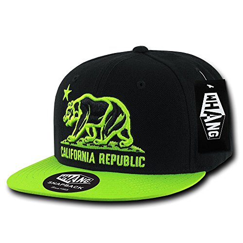 WHANG California Republic Snapbacks, Black/Neon Green