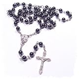 Pewterhooter Men's hematite black glass rosary necklace in a gift box.