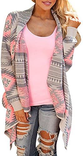 ZHU Women Long Sleeve Casual Drape Front Irregular Printed Knitted Sweater Cardigan