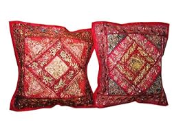 2 Radical Red Beaded Cushion Vintage Sari Pillow Covers 16x16 Inch
