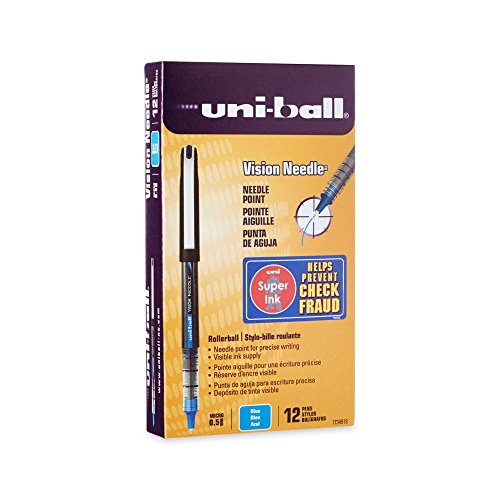 Vision Stick Needle Roller Ball Pens, Micro Point, Blue Ink, Pack of 12