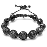 Beaded Crystal Bracelet Mens Ladies Unisex Hip Hop Style Pave 11 mm Five Black Disco Iced Ball Faceted Bead Adjustable