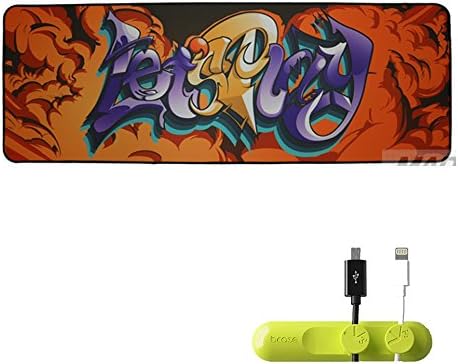 Professional Graffiti Large Mouse Pat Pack of Mouse Cord Holder, Computer Game Mouse Mat (30.71''W x 11.81H x 0.5TH) Wide Mousepad, Non-Slip Rubber Oblong MousePad, with Green Cable Clips (Orange)