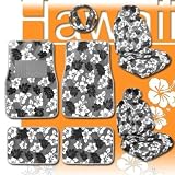 11pc Hawaiian Print (Grey) Car Mats Seat Steering Wheel Cover Set