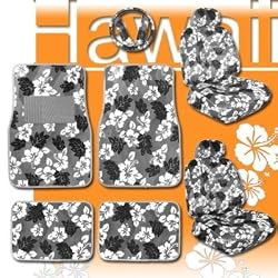 11pc Hawaiian Print (Grey) Car Mats Seat Steering Wheel Cover Set