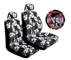 Charcoal Universal-fit Hawaiian Hibiscus Floral Print Low Back Front Bucket Seat Cover with Separate Headrest Cover, Steering Wheel Cover and Shoulder Seat Belt Pads Combo