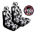 Charcoal Universal-fit Hawaiian Hibiscus Floral Print Low Back Front Bucket Seat Cover with Separate Headrest Cover, Steering Wheel Cover and Shoulder Seat Belt Pads Combo
