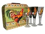 ArtisanStreet's Rooster Goblets with Carrying Case. Set of 4 Wine Glasses. Design of Bright Red & Golden Rooster with Black Plume Tail Feathers on Clear & Black Glasses. Includes Matching Case. Hand Painted, One of a Kind, Signed by Artisan