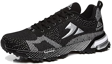 Men's Breathable Flyknit Performance Marathon Running Shoe - Athletic Cross Training Running Lightweight Black Silver