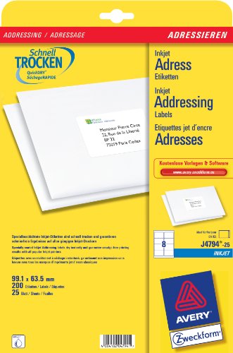 Avery Zweckform, J4794-25, 25 Blatt, Adress-Etiketten f&uuml;r C4/C5 Kuverts, 99, 1 x 63, 5 mm Preisvergleich