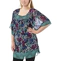 Pure Energy Juniors Plus Flutter Sleeve Butterfly Chiffon Bib Tunic- Black Multicolor