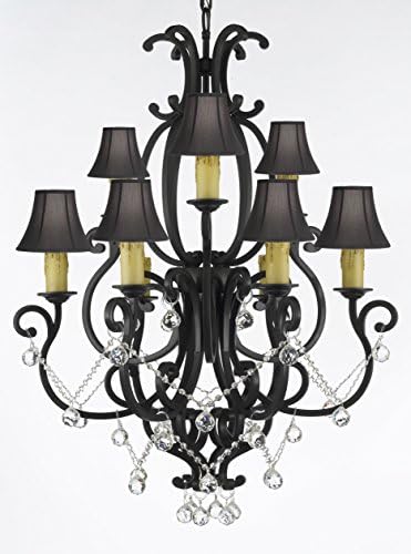 Hamilton Home Colonial Umber Finished Multi Tier Chandelier Chandeliers Lighting with Crystal Balls and Black Shades - Good for Dining Room, Foyer, Entryway !