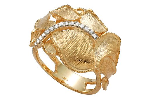 14K Yellow Gold Hand-Crafted Matte-Finish Designer Flower Ring, Enhanced with Pave Set Diamonds.