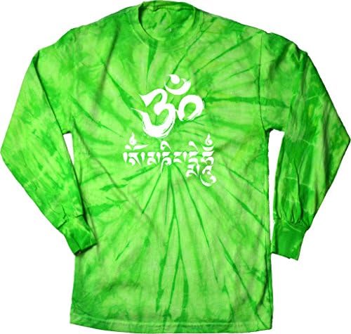 Mens Om Mani Padme Hum Long Sleeve Tie Dye T-shirt, Spider Lime, Medium